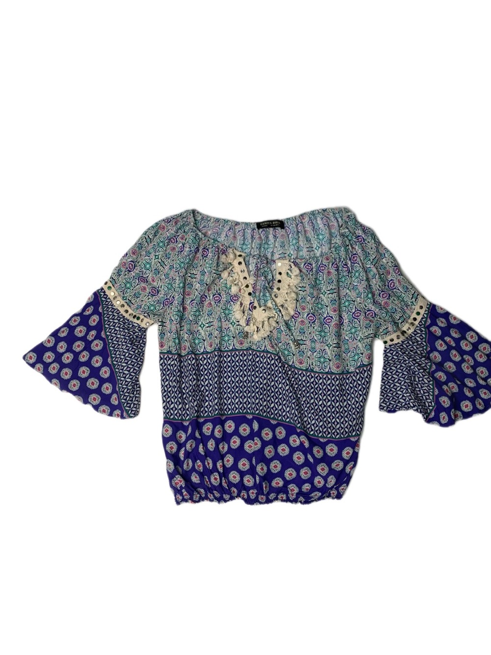 Vanita Rosa Boho Floral Off-Shoulder Peasant Blouse in Blue and Teal